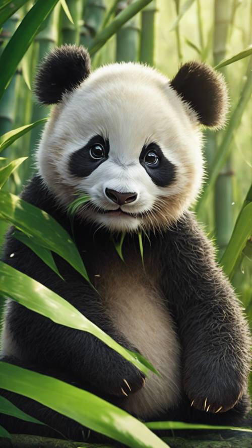Seekor bayi panda yang lucu, dengan polosnya menatap ke kamera dengan mata berbinar, di tengah rimbunnya hutan bambu yang hijau.