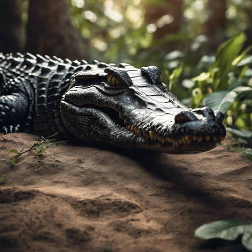 一隻古老的黑色鱷魚，身經百戰，在樹蔭下安靜休息。