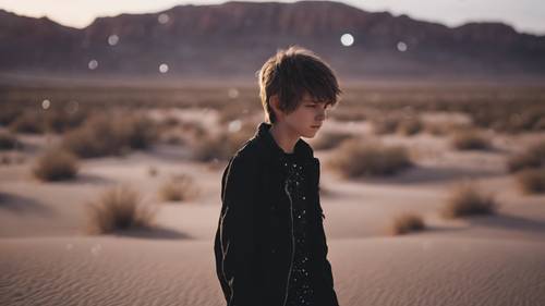 Un chico con pelo emo en un desierto iluminado por las estrellas, un sentimiento de profunda soledad y belleza.