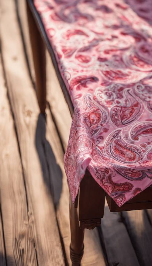 Różowa tkanina paisley ułożona na drewnianym stole, subtelnie oświetlona popołudniowym światłem słonecznym.