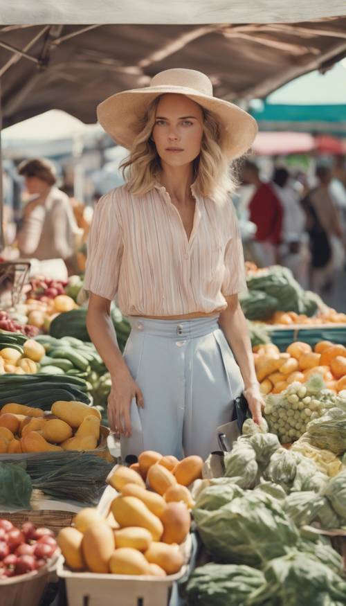 A fashionably dressed woman in pastel summer clothes browsing through a local farmer's market.