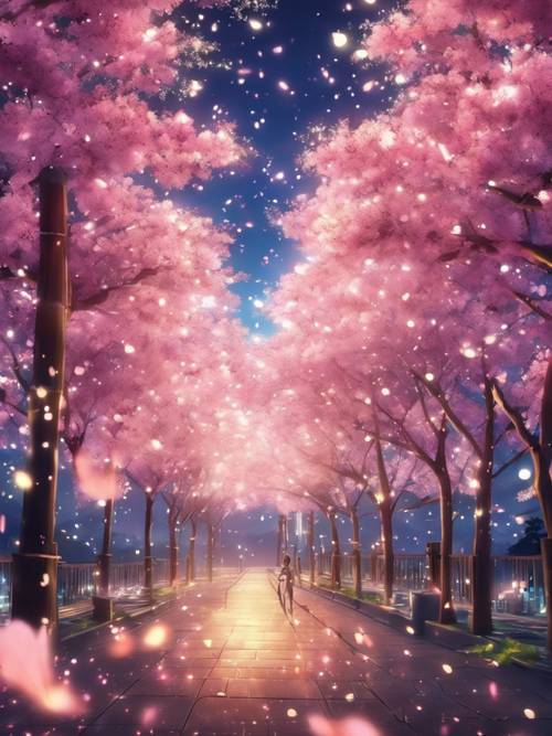 Uma exibição de fogos de artifício de anime bem iluminados iluminando as cerejeiras em flor.