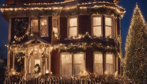 維多利亞風格的房子在聖誕節期間裝飾得奢華，凸窗上有一棵點亮的大樹。