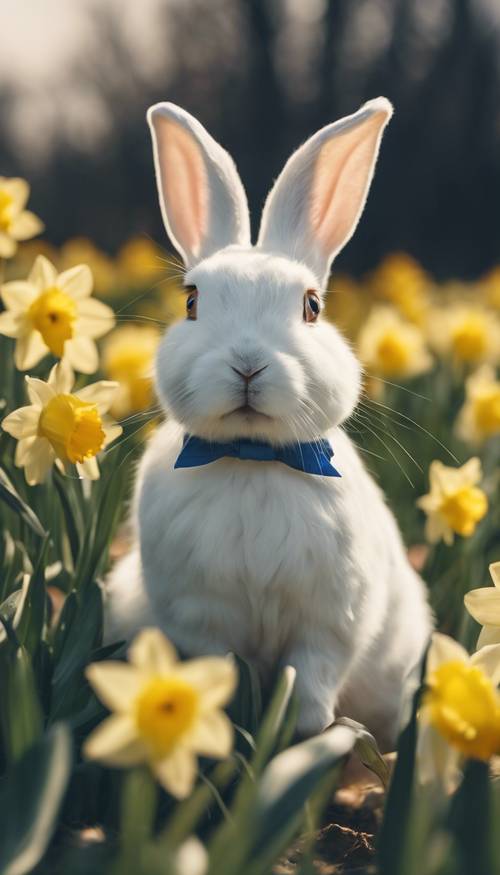 A white rabbit, with lop ears and blue ribbon around its neck, hopping in a field of daffodils, under the clear sky.