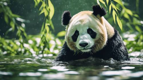 一只威风凛凛的大熊猫在清澈的小溪中悠闲地游泳，背景中翠绿的竹叶沙沙作响。