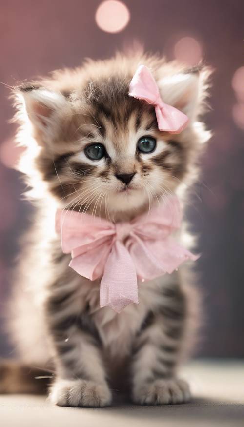 一只毛茸茸的小猫，脖子上戴着柔软的粉红色蝴蝶结。