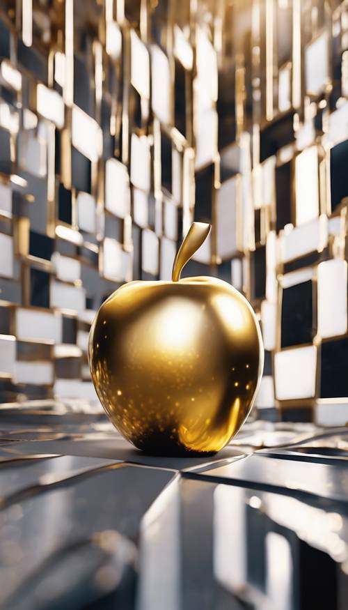 Representasi apel emas yang abstrak dan elektronik, lambang seni digital modern.