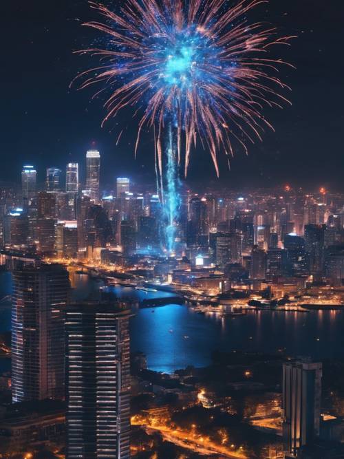 Fogos de artifício azuis neon explodindo sobre o horizonte da cidade à noite.
