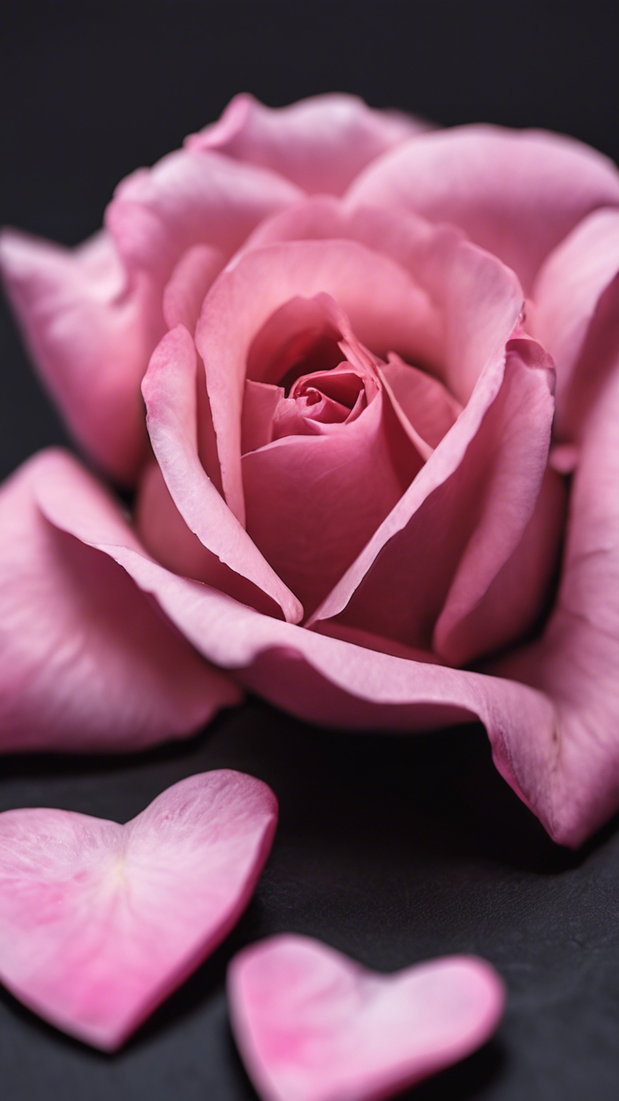 A single, perfect pink heart-shaped rose petal on a black table.壁紙[a14a0e64e3fd4358915b]