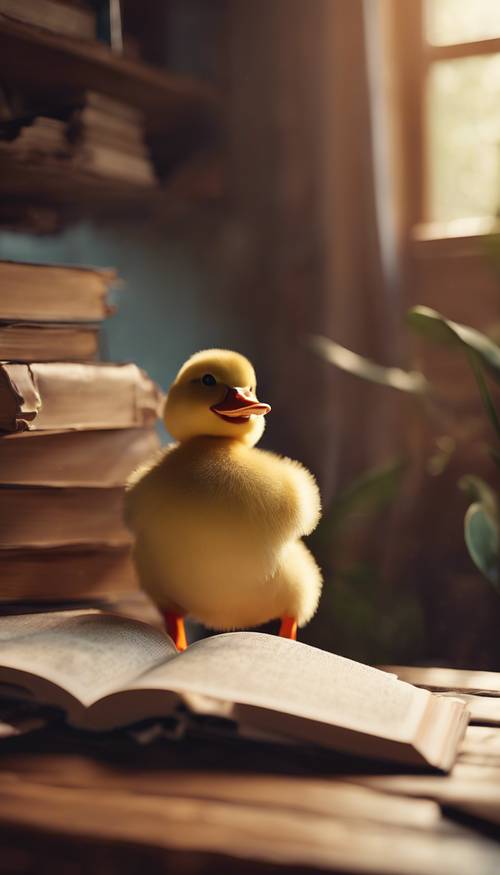 Une image d’un canard argentin Kawaii lisant un livre dans une pièce chaleureuse et confortable.
