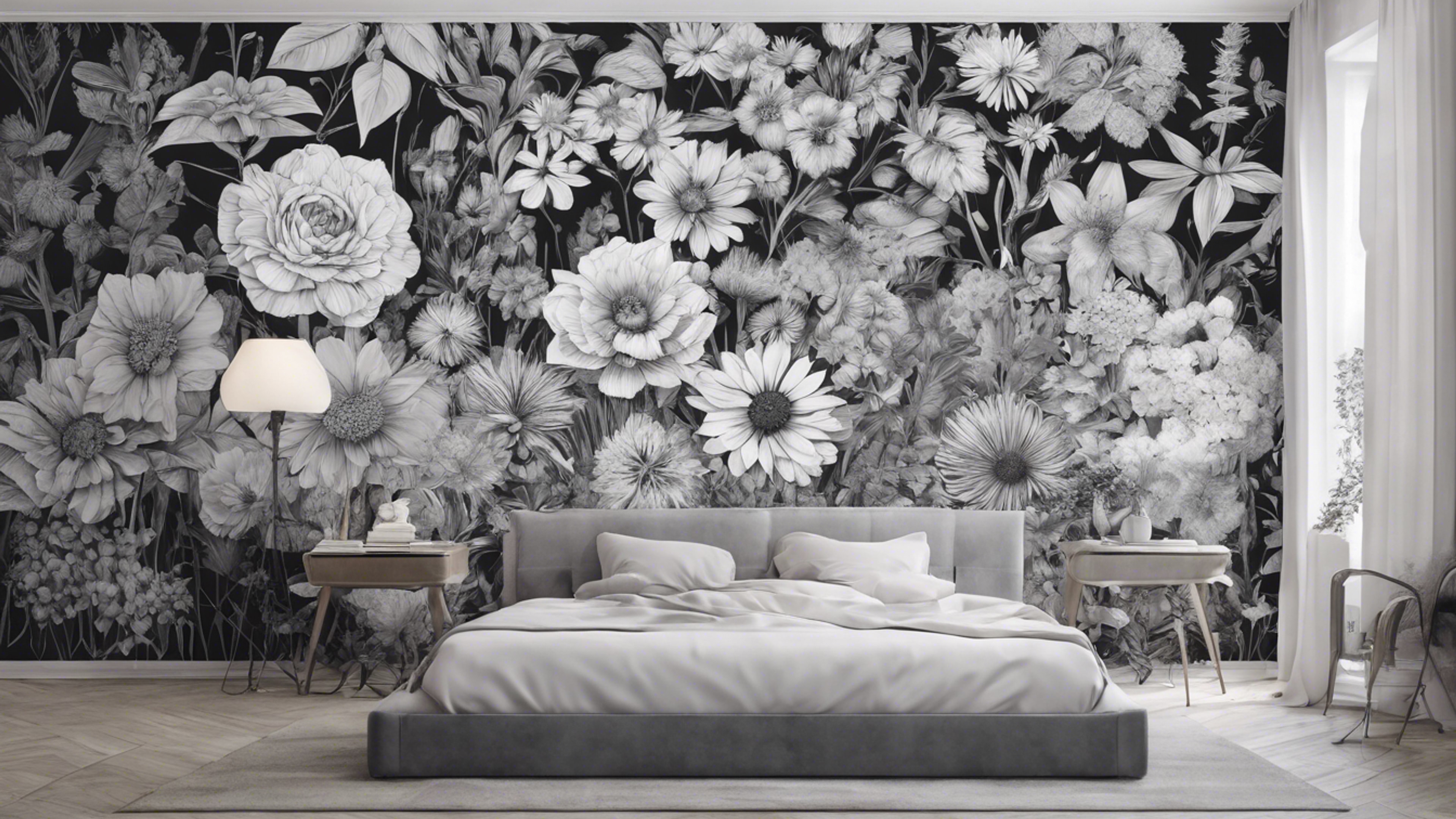 A monochrome floral mural, with designs inspired by classic botanical illustrations.壁紙[d96bb6e7280248ebbc3c]