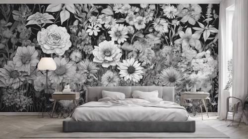 单色花卉壁画，其设计灵感来自经典的植物插图。