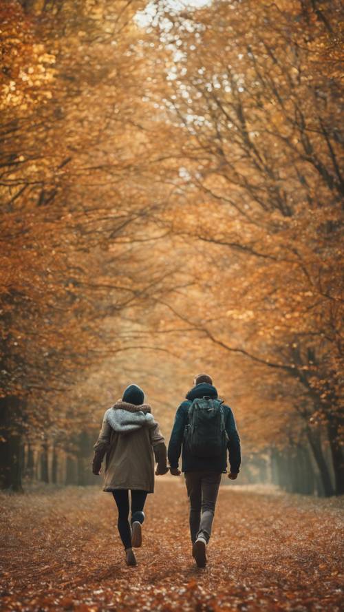 Um casal correndo em direção a uma floresta mágica durante o outono.