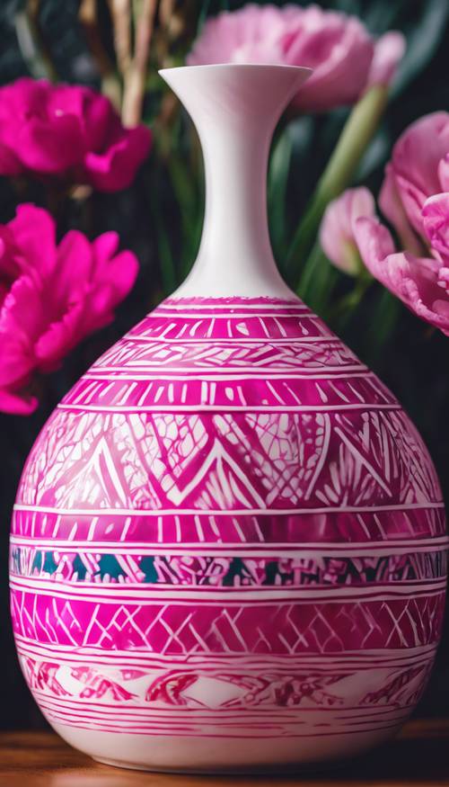 Motivi aztechi rosa acceso su un vaso in ceramica bianca.