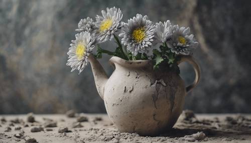 A post-impressionist styled artwork of a gray chrysanthemum growing defiantly in a cracked clay jug.