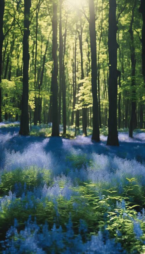 Tętniący życiem niebieski las pełen dzikiej, egzotycznej fauny w jasnym letnim słońcu. Tapeta [7cf4301a07b140b399c8]