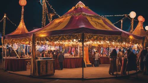 A mystic fortune teller's tent at a night-time carnival.