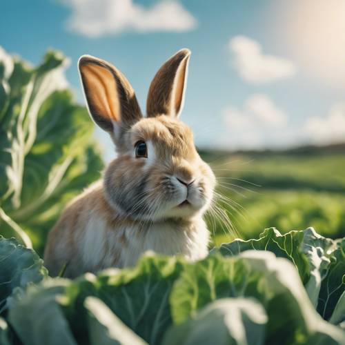 在清澈的藍天下，一隻可愛毛茸茸的韓國兔子在高麗菜田裡跳來跳去，畫面寧靜。