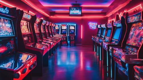 霓虹灯闪烁的游戏厅，里面摆满了一排排红色和蓝色的游戏机。