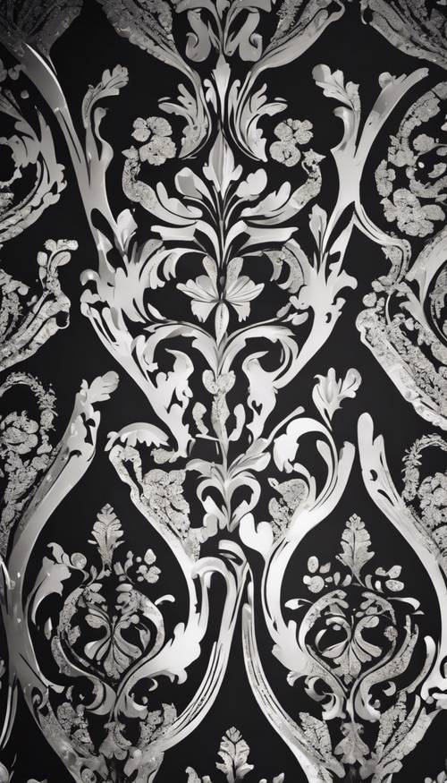 Elegancki czarno-srebrny wzór adamaszku zdobiący ściany zabytkowej rezydencji.