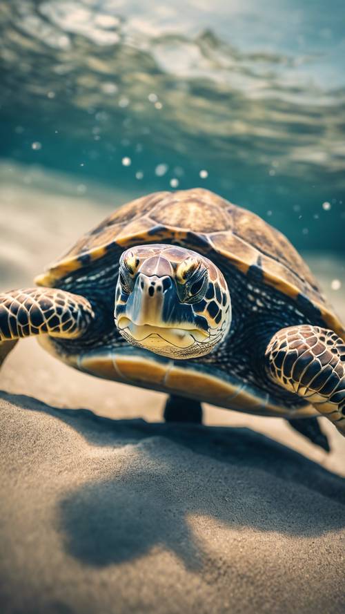 Eine detaillierte Illustration einer Unechten Karettschildkröte, die in der Nähe der Atlantikküste schwimmt und die Beschaffenheit der Schildkröte hervorhebt.
