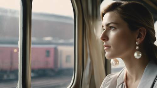 Uma mulher elegante com brincos de pérolas olhando pela janela de um trem, contemplando sua jornada.