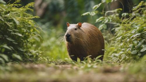 Seekor kapibara diam-diam bergerak melalui dedaunan, menunjukkan naluri bertahan hidup.