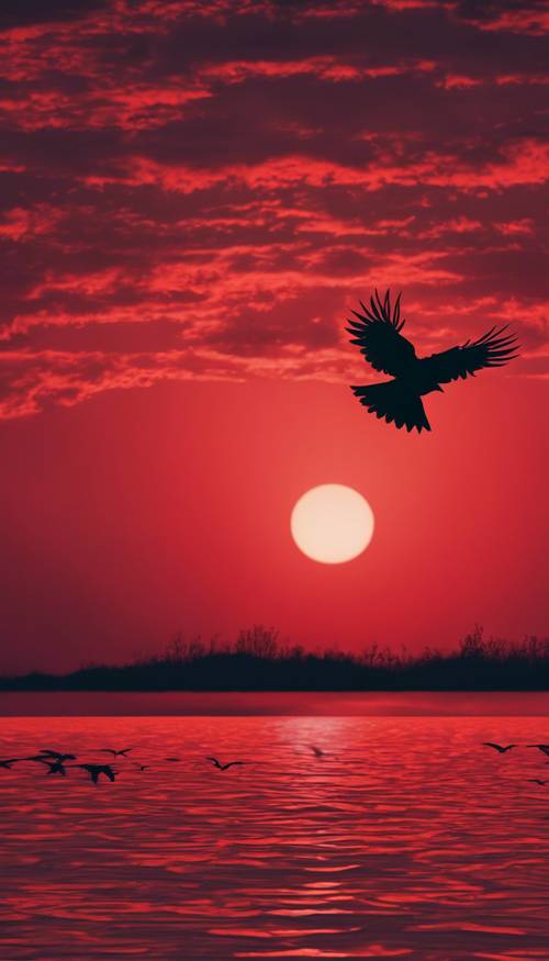 The silhouette of a crow in flight against a blood-red sunset. Wallpaper [c3b2e020d0414f12b03e]