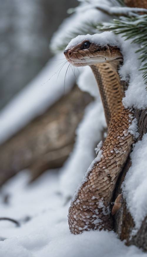 一条蛇在深雪中慢慢地向一只松鼠靠近。