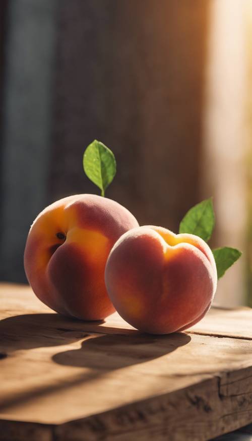 A ripe peach on a wooden table illuminated by soft morning sunlight.