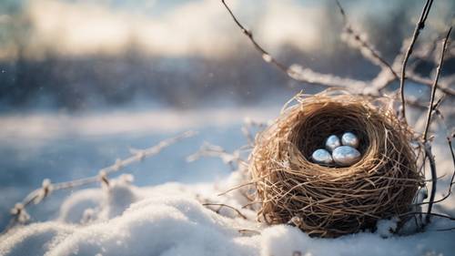 An empty bird's nest under a winter sky etched with the words 'Depression is the ghost in my shell'.