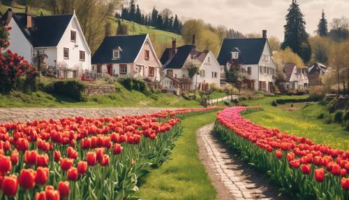 一个田园诗般的风景村庄，盛开着鲜艳的郁金香，春天的天空下有白色的小屋。