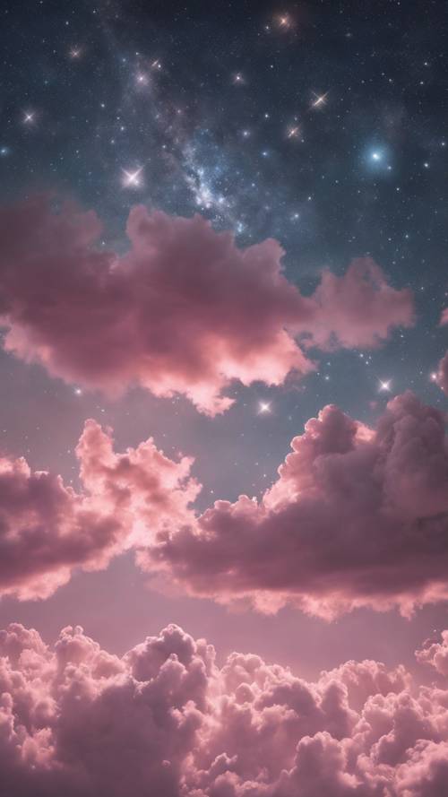 Un&#39;immagine da sogno del cielo notturno con stelle luminose che fanno capolino attraverso una coltre di morbide nuvole rosa.