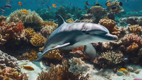 Seekor lumba-lumba yang penuh rasa ingin tahu dengan mata ekspresif dengan rasa ingin tahu mendekati terumbu karang yang dipenuhi biota laut berwarna-warni.