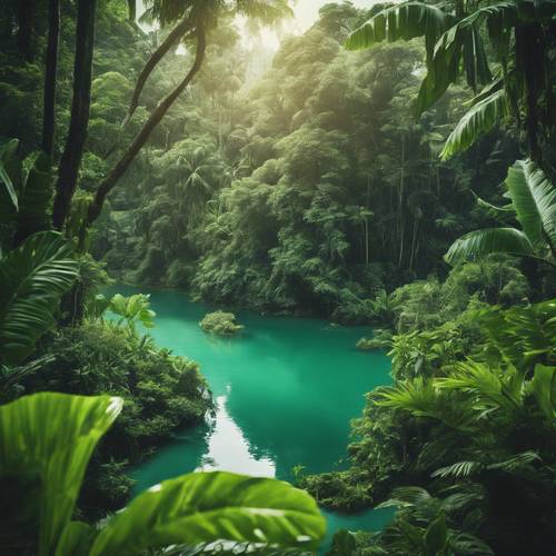 Malownicza zielona laguna, położona pośród gęstej roślinności zacisznego lasu tropikalnego.