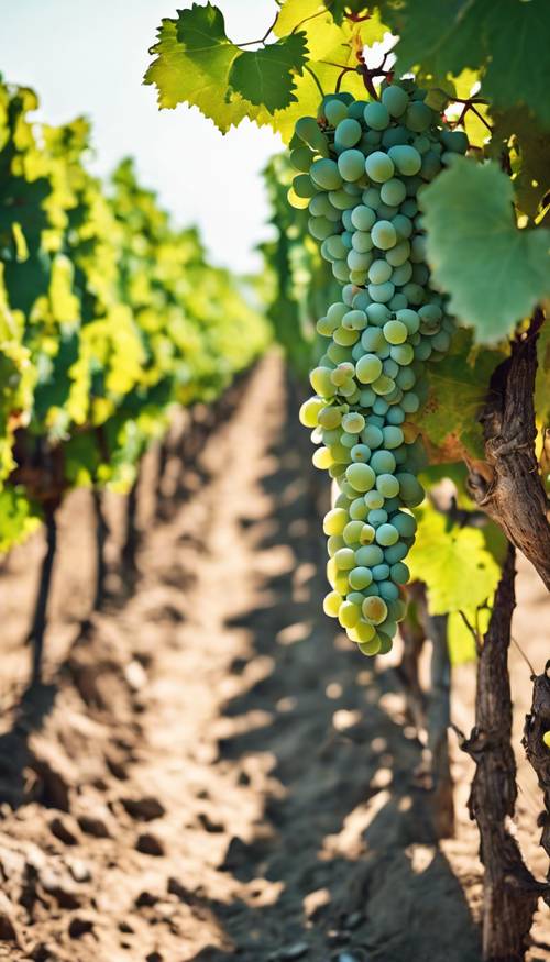 Un paisaje vibrante de un viñedo con uvas maduras listas para la cosecha bajo el cálido sol de verano.