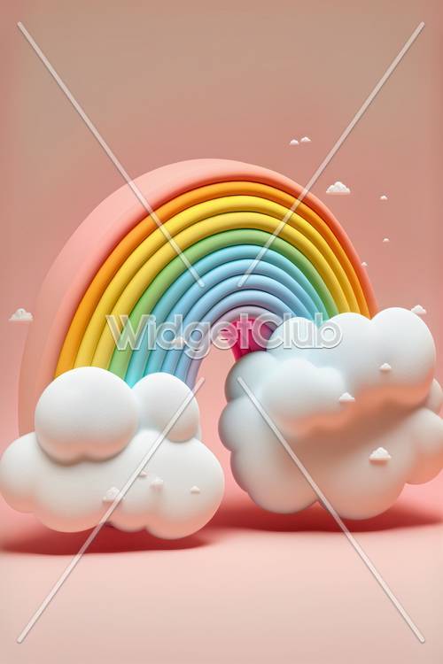 子供向けにカラフルな虹とふわふわの雲の壁紙