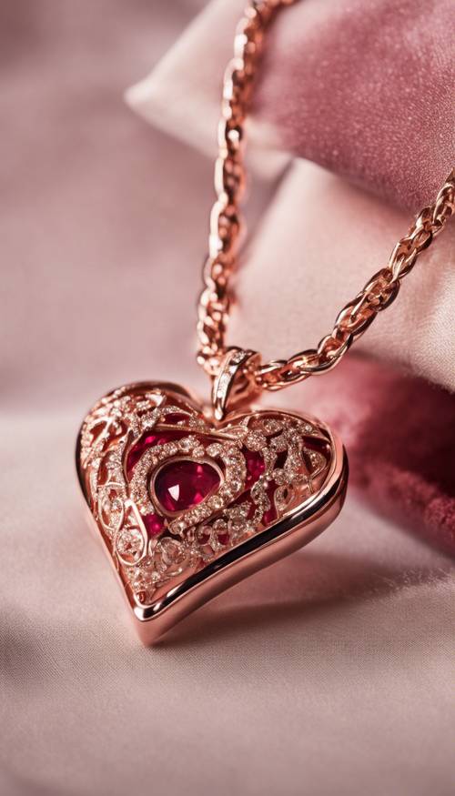 Cận cảnh chiếc vòng cổ trái tim vàng hồng hình giọt nước nằm nép trong chiếc đệm nhung đỏ thẫm.