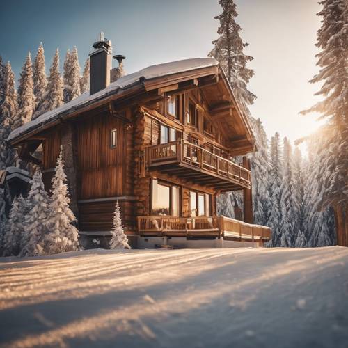 Лыжное шале в золотом полуденном свете, окруженное уютными теплыми коричневыми деревянными досками.