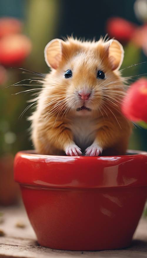 A small, fluffy, golden-brown hamster curiously looking out of a bright red ceramic flower pot.
