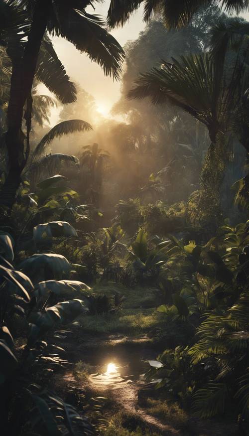 A bustling black jungle just awakening at dawn, with various animals starting their day.