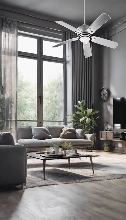 Elegante sala de estar minimalista cinza com janelas grandes e ventilador de teto giratório lento.