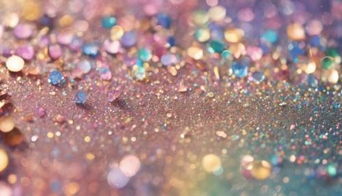 Un&#39;immagine dettagliata di luccichii arcobaleno pastello cosparsi su uno specchio.