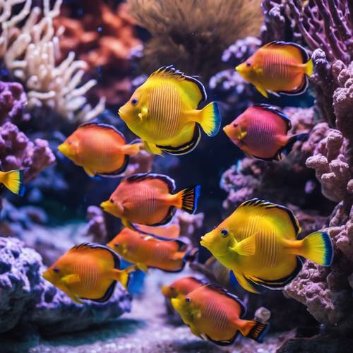 مجموعة من الأسماك الاستوائية ذات الألوان الزاهية تستكشف الشعاب المرجانية المعقدة تحت الماء.