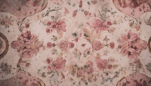 Lukisan dinding Italia abad ke-14 dengan desain bunga rumit dalam nuansa merah jambu dan putih.