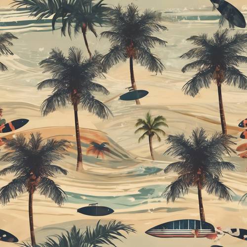 Uma cena que lembra decalques clássicos de surfistas com palmeiras e interpretações de ondas.