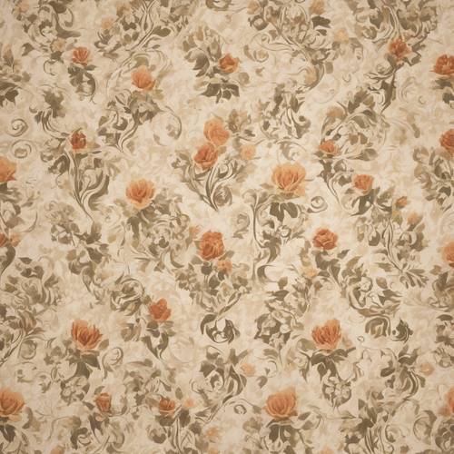 A cozy damask pattern incorporating farm fresh flowers against a down-to-earth beige canvas.