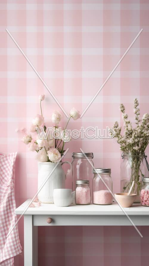 Pretty Pink Plaid with Flowers and Jars