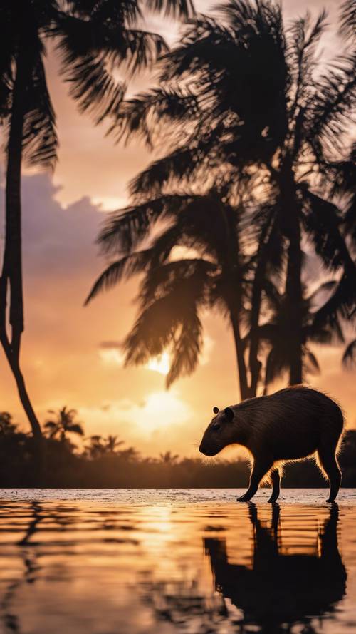A silhueta de uma capivara solitária contra o cenário dramático de um pôr do sol tropical.