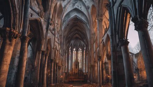 Panoramic view of an abandoned Gothic cathedral in the twilight, with a tranquil ambiance.